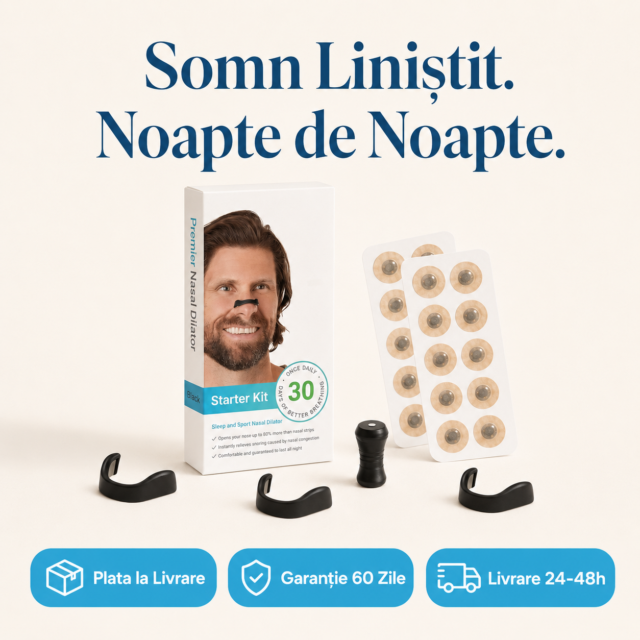 Kit Premium Anti-Sforăit — Dilatator Nazal + 60 Plasturi
